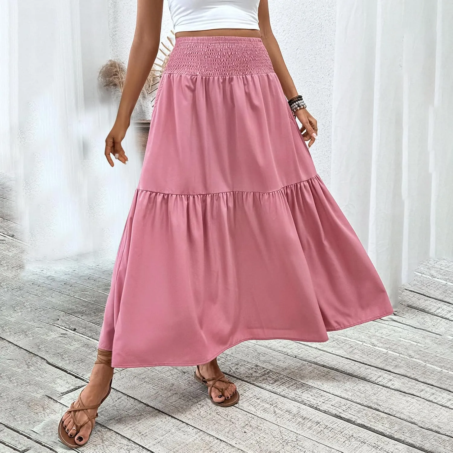 Women's High Elastic Waist Midi Skirt Casual Summer Trendy Tie Front Flowy Ruffle Floral Print A line Skirts