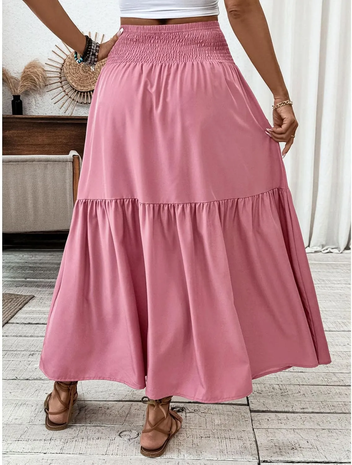 Women's High Elastic Waist Midi Skirt Casual Summer Trendy Tie Front Flowy Ruffle Floral Print A line Skirts