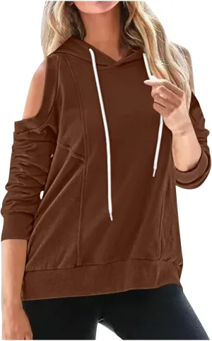 Womens Hoodies Oversized Sweatshirts Casual Hooded Pullover Off Shoulder Drawstring Long Sleeve Fall Fashion Clothes