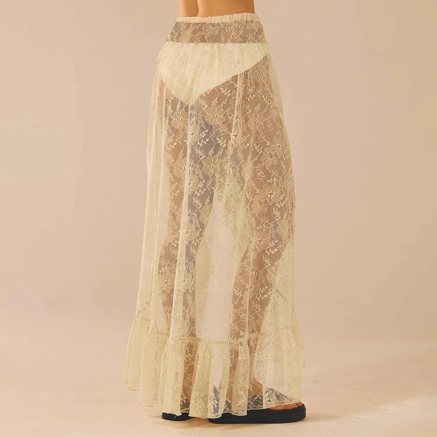 Women's Lace Long Skirts y2k High Waist Asymmetrical Hem Ruffle Maxi Skirt Vintage Flowy See-Through Skirts