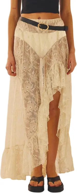 Women's Lace Long Skirts y2k High Waist Asymmetrical Hem Ruffle Maxi Skirt Vintage Flowy See-Through Skirts
