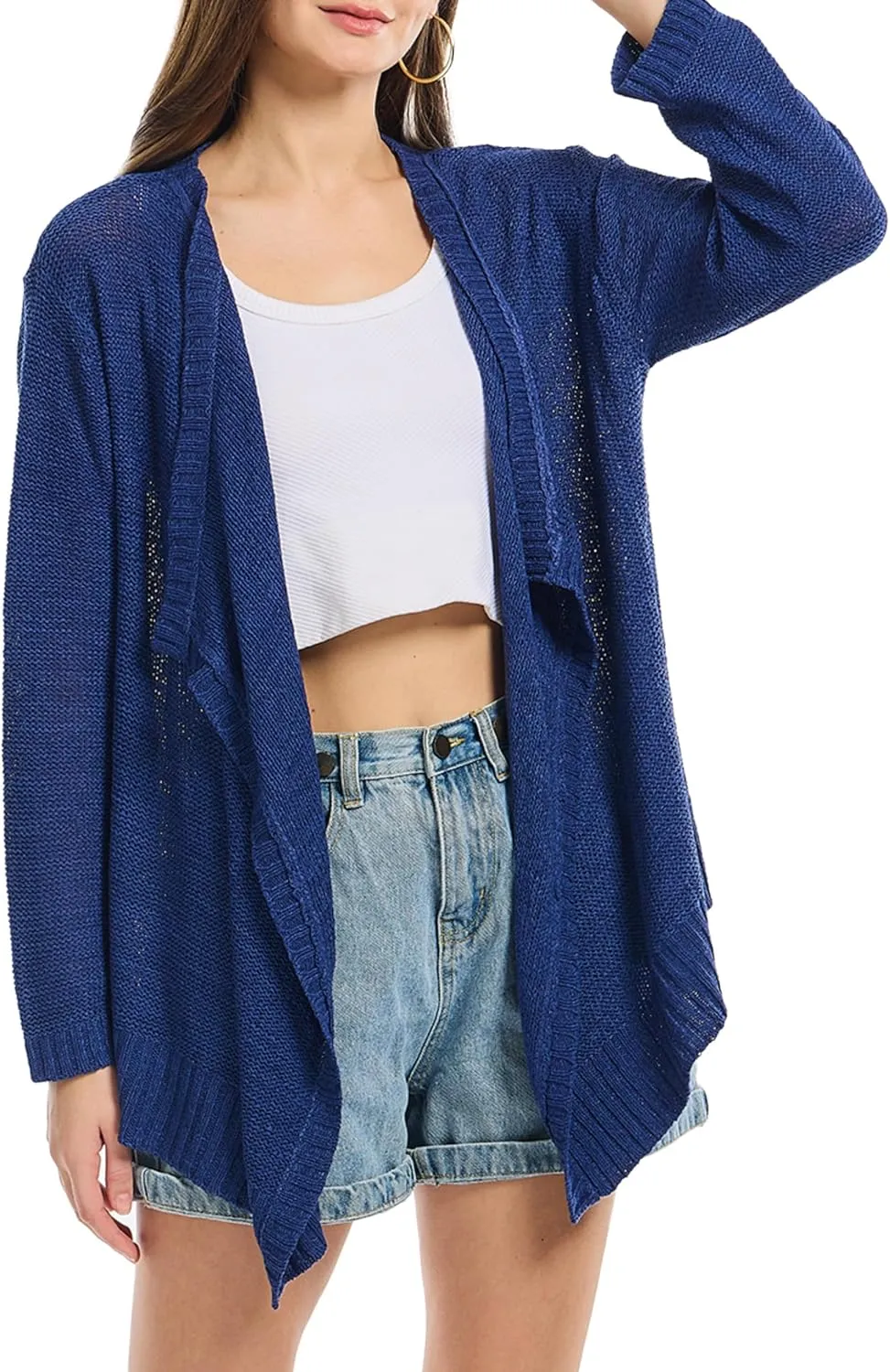 Women's Lightweight Knit Cardigan Long Sleeve Open Front Draped Hem Cover-Up Soft Thin Sweater for Spring Summer Fall
