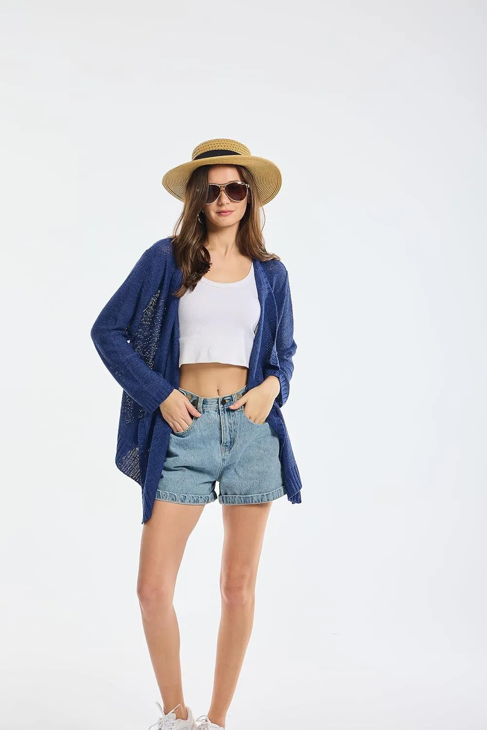 Women's Lightweight Knit Cardigan Long Sleeve Open Front Draped Hem Cover-Up Soft Thin Sweater for Spring Summer Fall