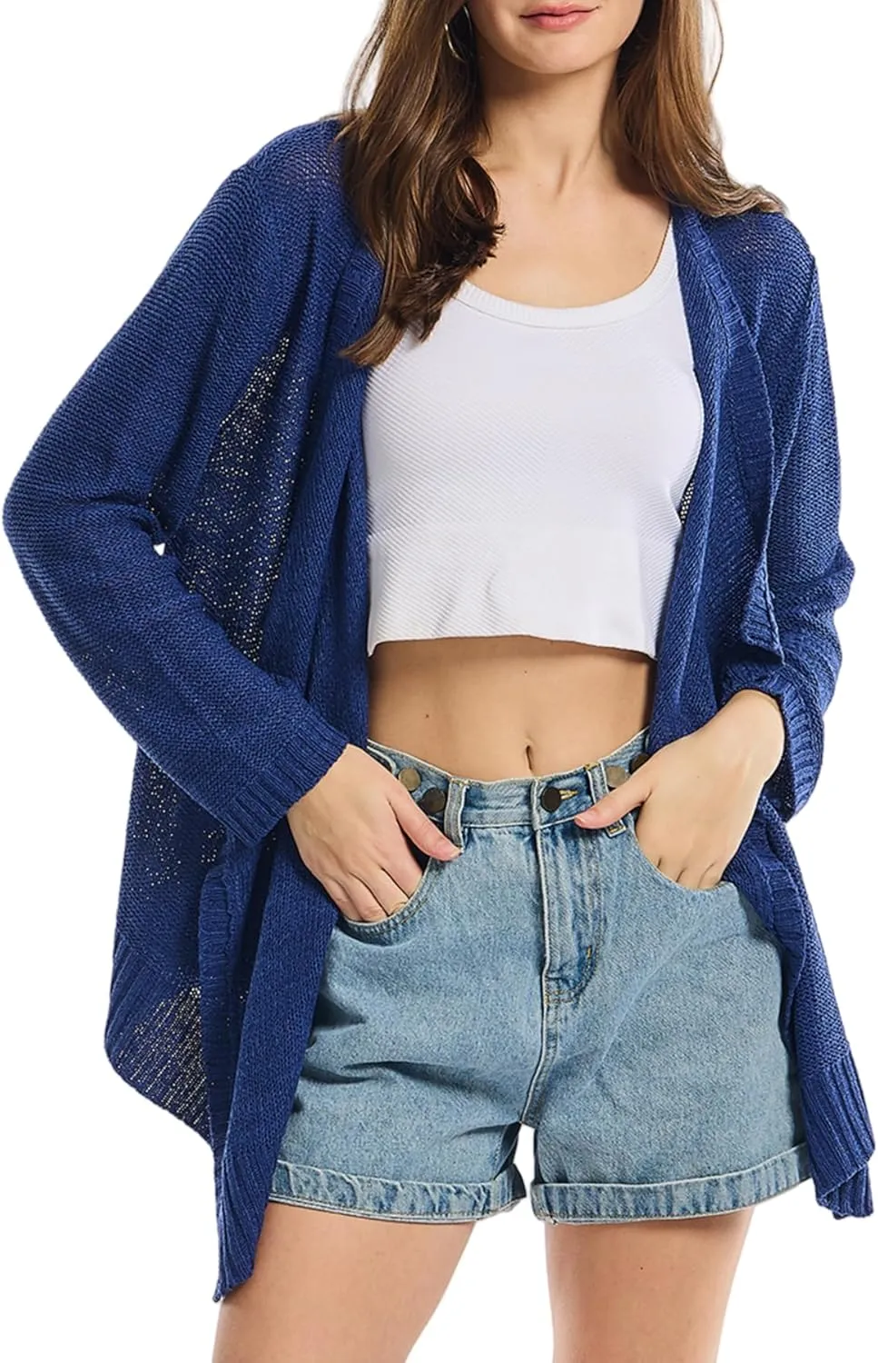 Women's Lightweight Knit Cardigan Long Sleeve Open Front Draped Hem Cover-Up Soft Thin Sweater for Spring Summer Fall