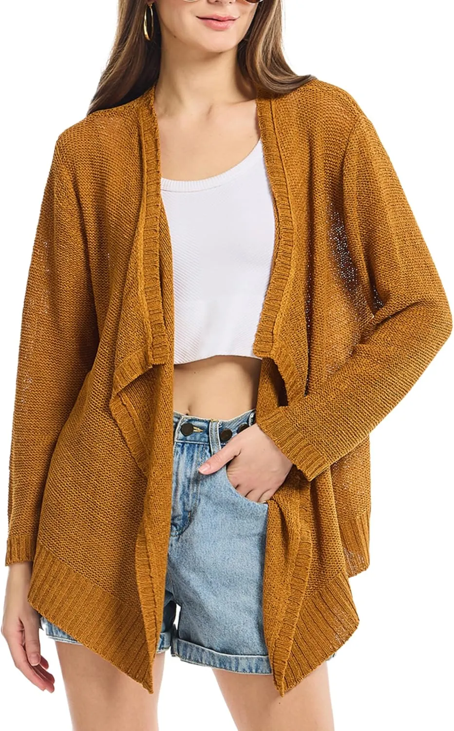 Women's Lightweight Knit Cardigan Long Sleeve Open Front Draped Hem Cover-Up Soft Thin Sweater for Spring Summer Fall