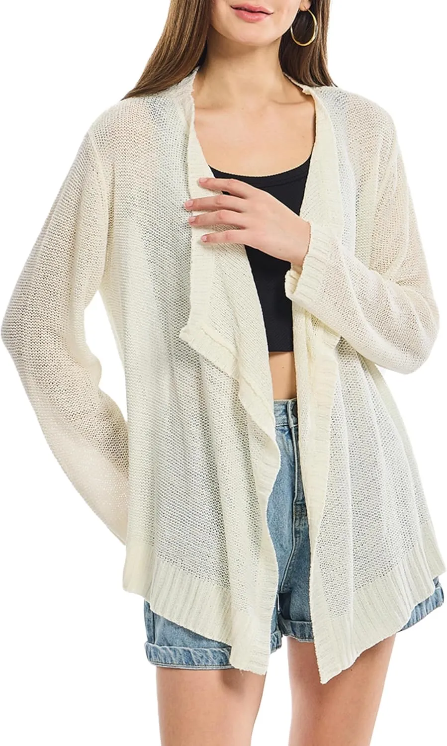 Women's Lightweight Knit Cardigan Long Sleeve Open Front Draped Hem Cover-Up Soft Thin Sweater for Spring Summer Fall