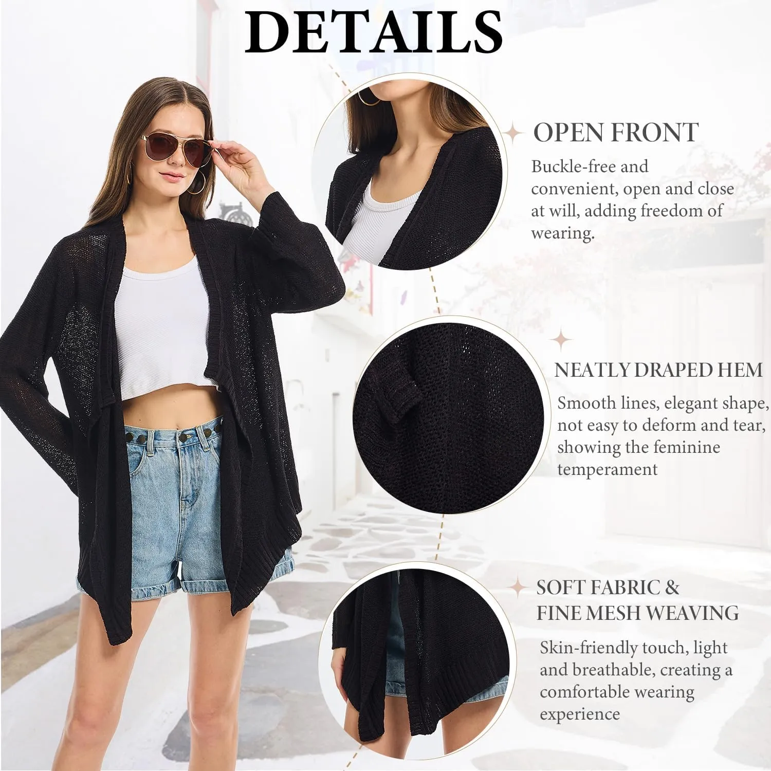 Women's Lightweight Knit Cardigan Long Sleeve Open Front Draped Hem Cover-Up Soft Thin Sweater for Spring Summer Fall