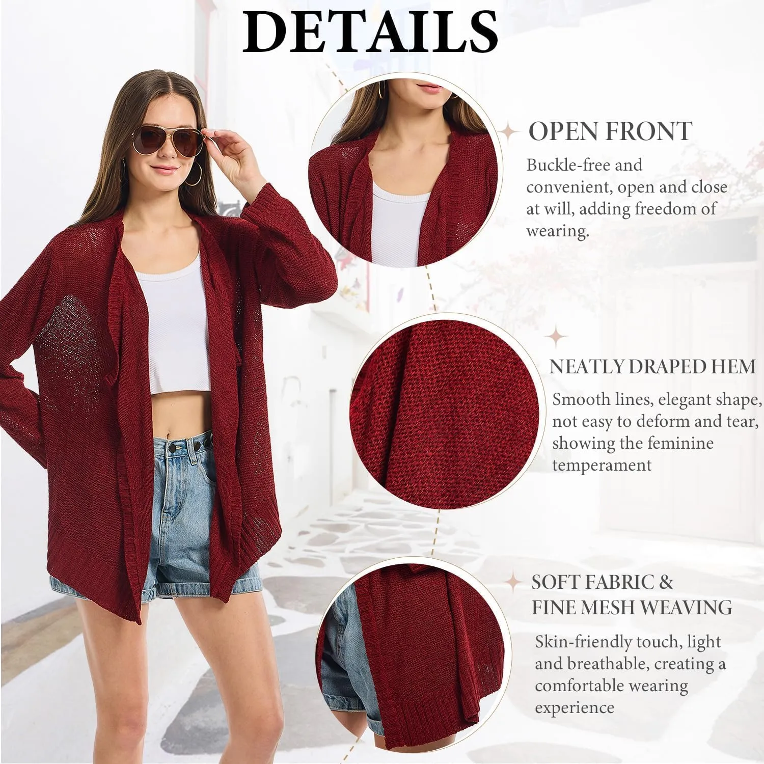 Women's Lightweight Knit Cardigan Long Sleeve Open Front Draped Hem Cover-Up Soft Thin Sweater for Spring Summer Fall