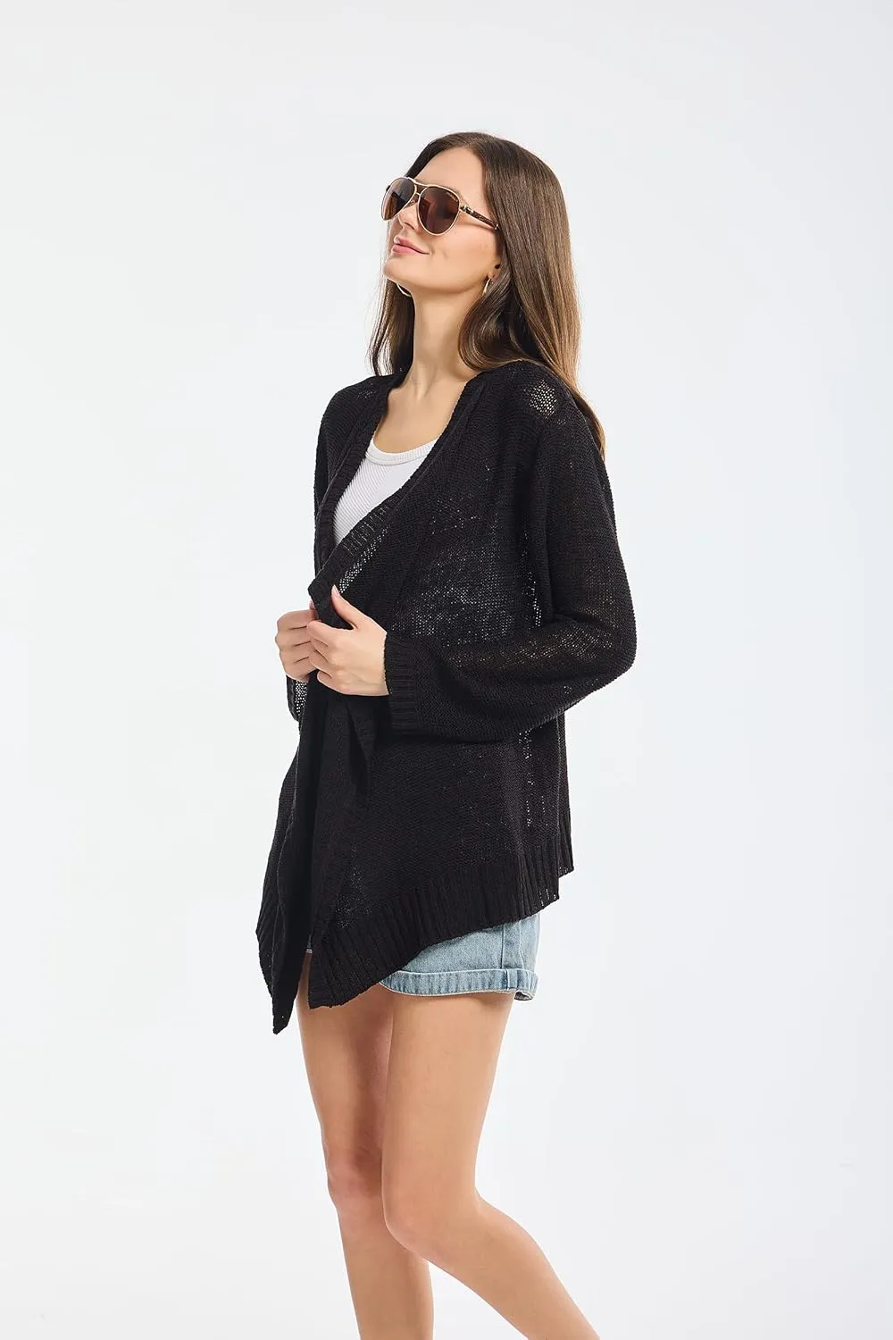 Women's Lightweight Knit Cardigan Long Sleeve Open Front Draped Hem Cover-Up Soft Thin Sweater for Spring Summer Fall
