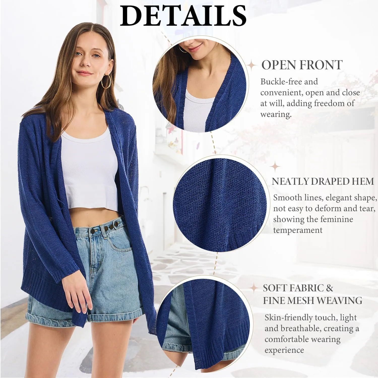 Women's Lightweight Knit Cardigan Long Sleeve Open Front Draped Hem Cover-Up Soft Thin Sweater for Spring Summer Fall