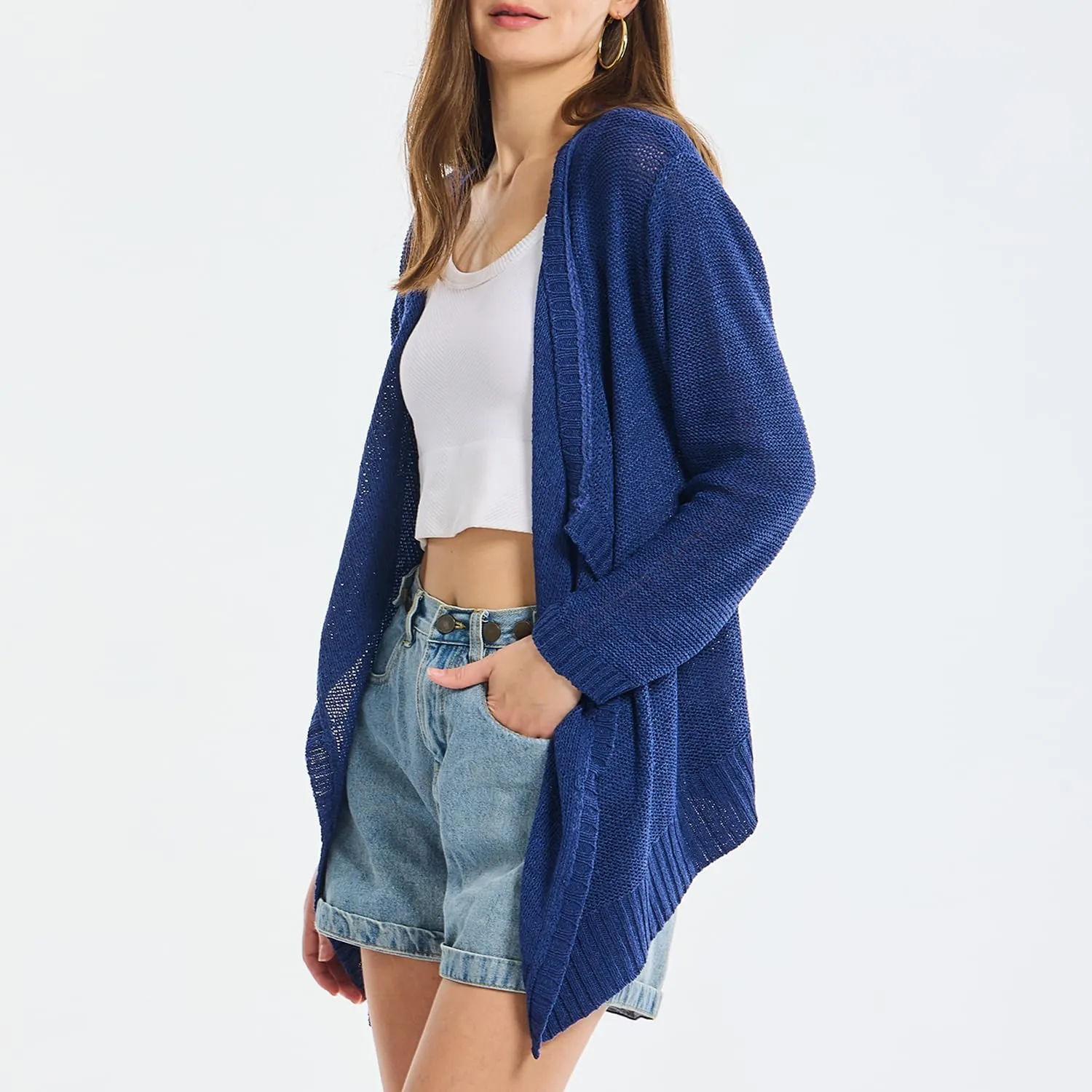 Women's Lightweight Knit Cardigan Long Sleeve Open Front Draped Hem Cover-Up Soft Thin Sweater for Spring Summer Fall