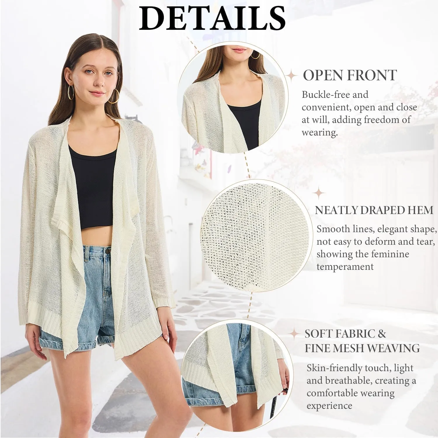 Women's Lightweight Knit Cardigan Long Sleeve Open Front Draped Hem Cover-Up Soft Thin Sweater for Spring Summer Fall