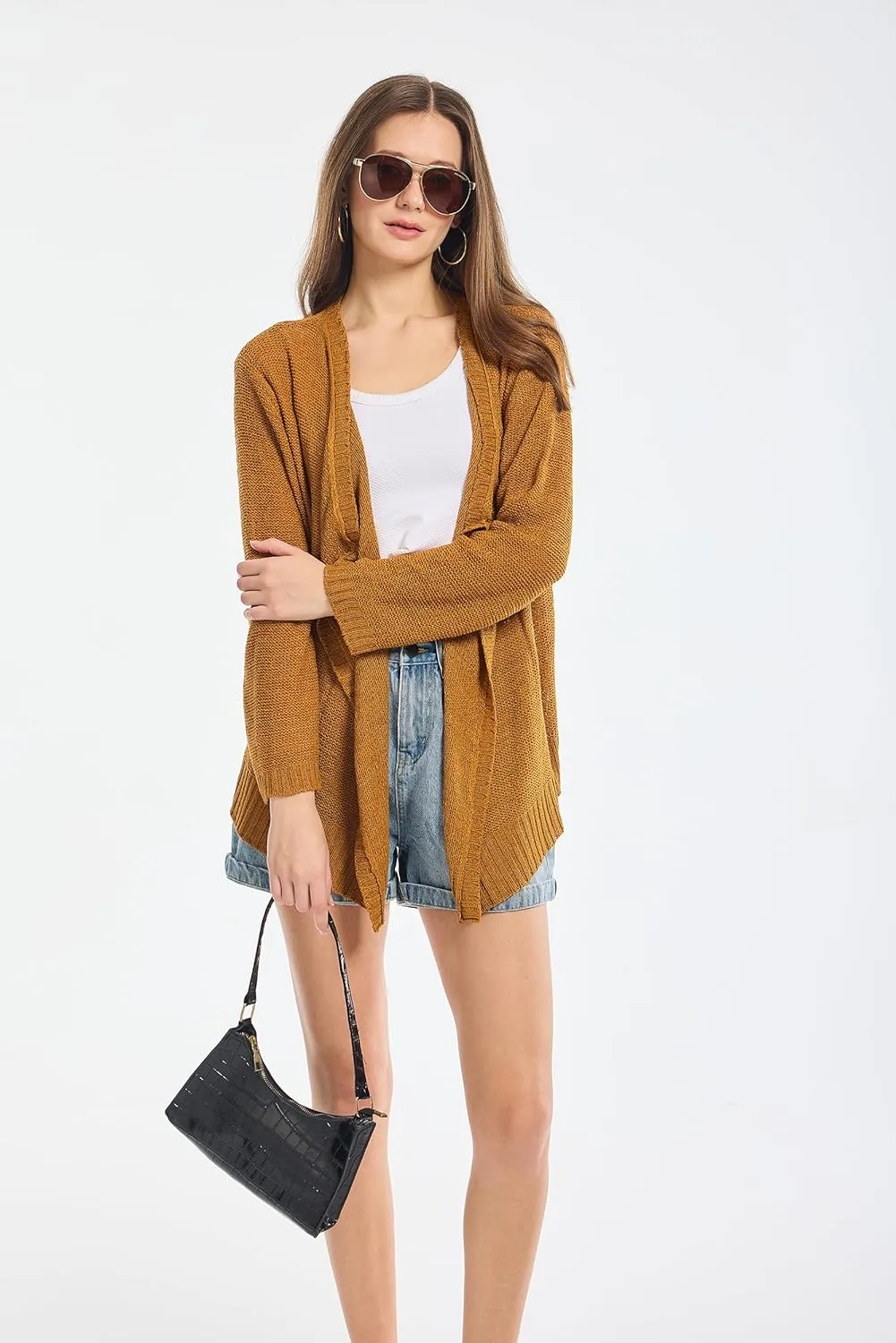 Women's Lightweight Knit Cardigan Long Sleeve Open Front Draped Hem Cover-Up Soft Thin Sweater for Spring Summer Fall