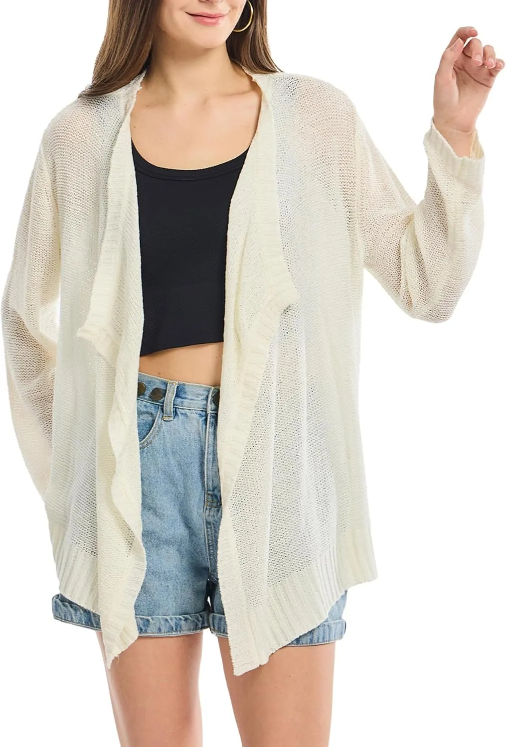 Women's Lightweight Knit Cardigan Long Sleeve Open Front Draped Hem Cover-Up Soft Thin Sweater for Spring Summer Fall