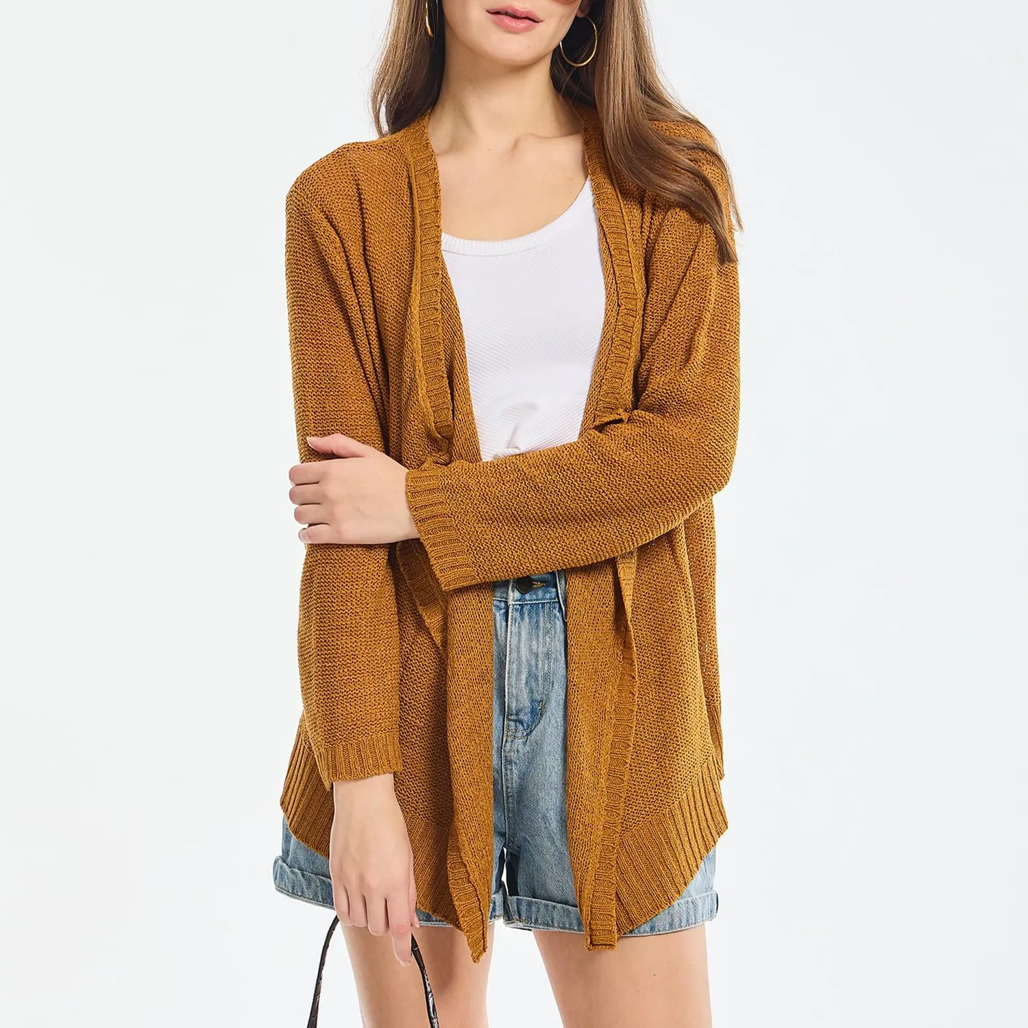 Women's Lightweight Knit Cardigan Long Sleeve Open Front Draped Hem Cover-Up Soft Thin Sweater for Spring Summer Fall