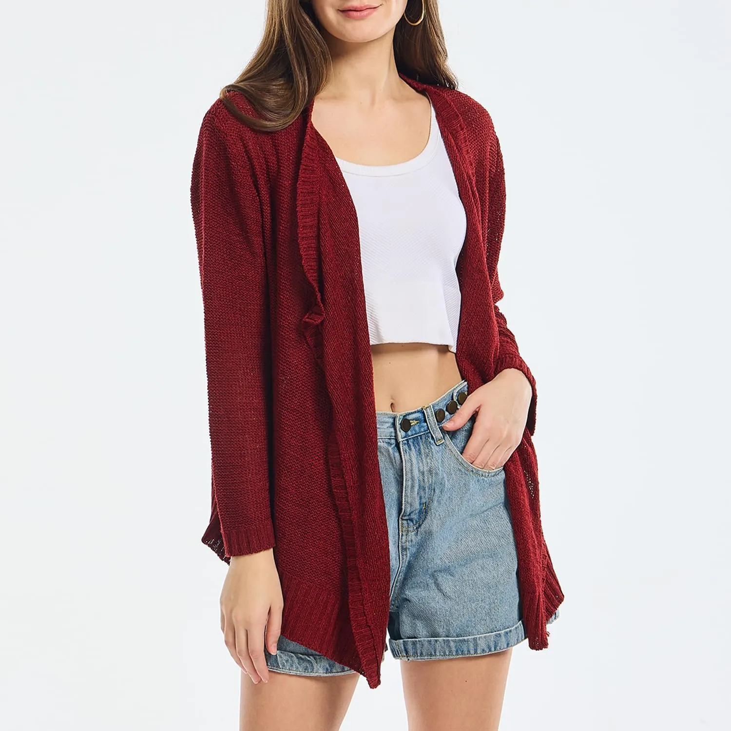 Women's Lightweight Knit Cardigan Long Sleeve Open Front Draped Hem Cover-Up Soft Thin Sweater for Spring Summer Fall