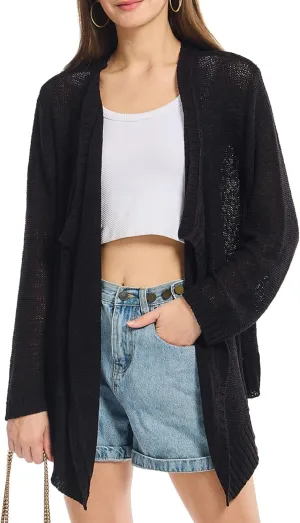 Women's Lightweight Knit Cardigan Long Sleeve Open Front Draped Hem Cover-Up Soft Thin Sweater for Spring Summer Fall