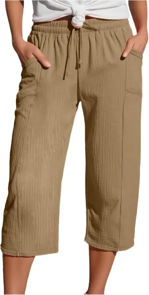 Womens Linen Wide Leg Capri Pants Casual High Waisted Pants Loose Lightweight Beach Harem Pant Summer Vacation Trouser