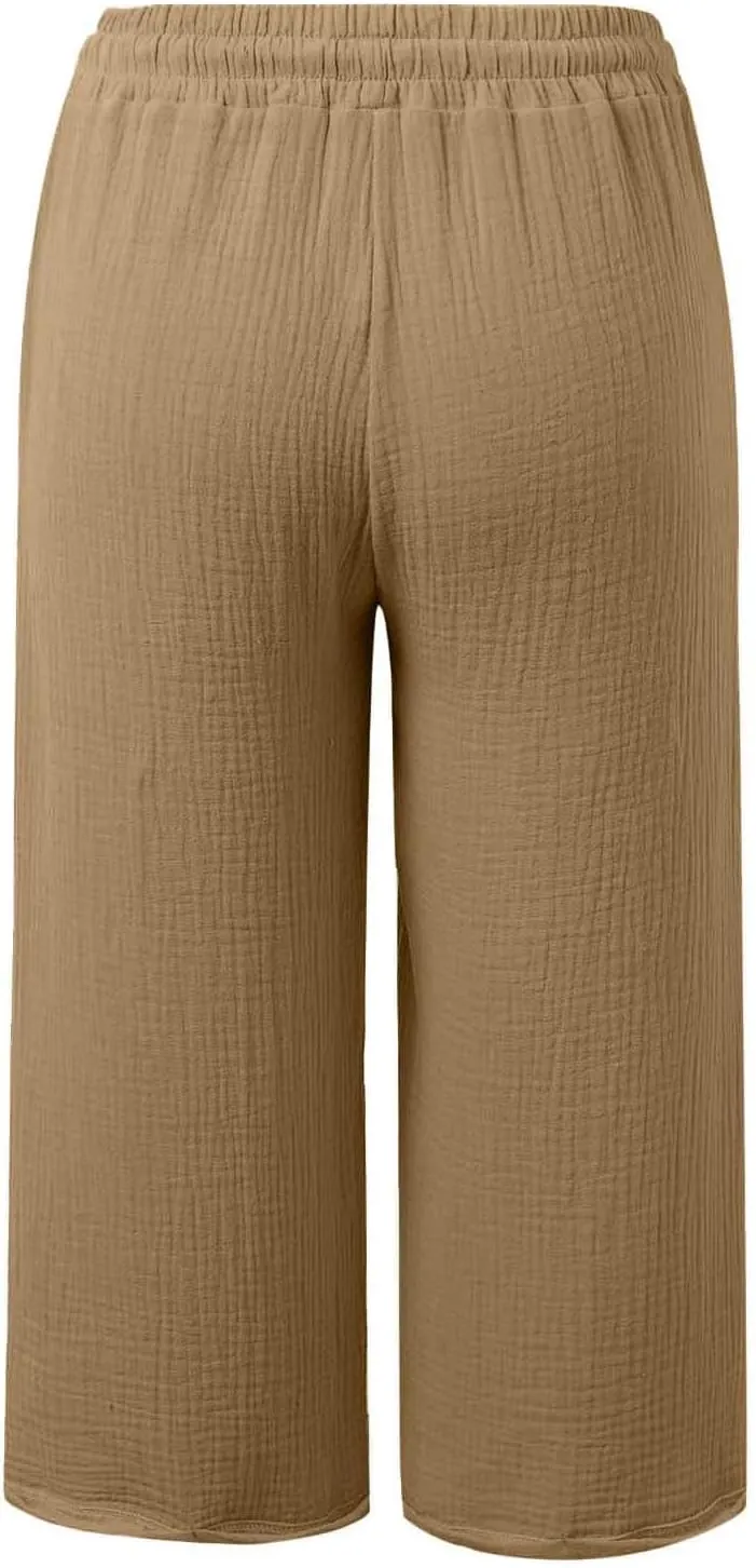 Womens Linen Wide Leg Capri Pants Casual High Waisted Pants Loose Lightweight Beach Harem Pant Summer Vacation Trouser