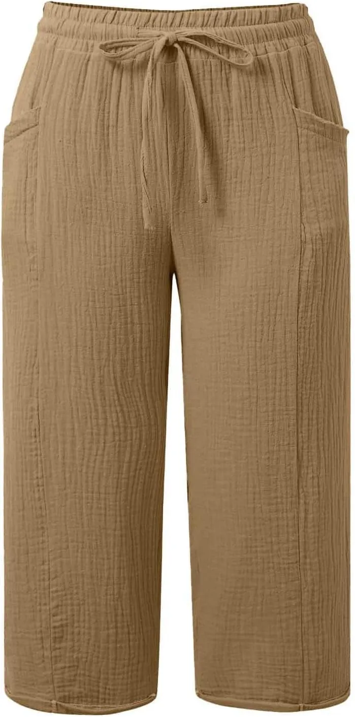 Womens Linen Wide Leg Capri Pants Casual High Waisted Pants Loose Lightweight Beach Harem Pant Summer Vacation Trouser