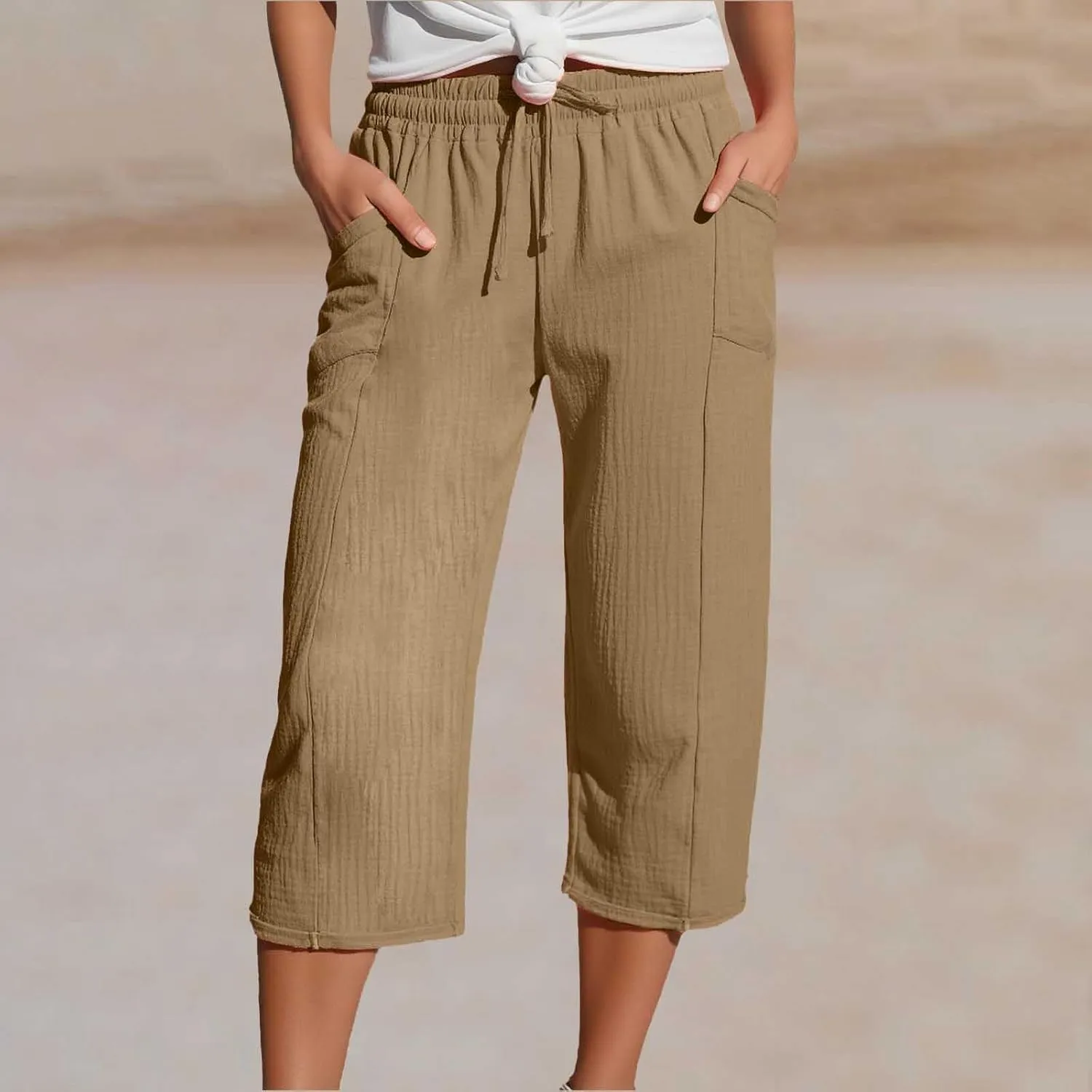Womens Linen Wide Leg Capri Pants Casual High Waisted Pants Loose Lightweight Beach Harem Pant Summer Vacation Trouser