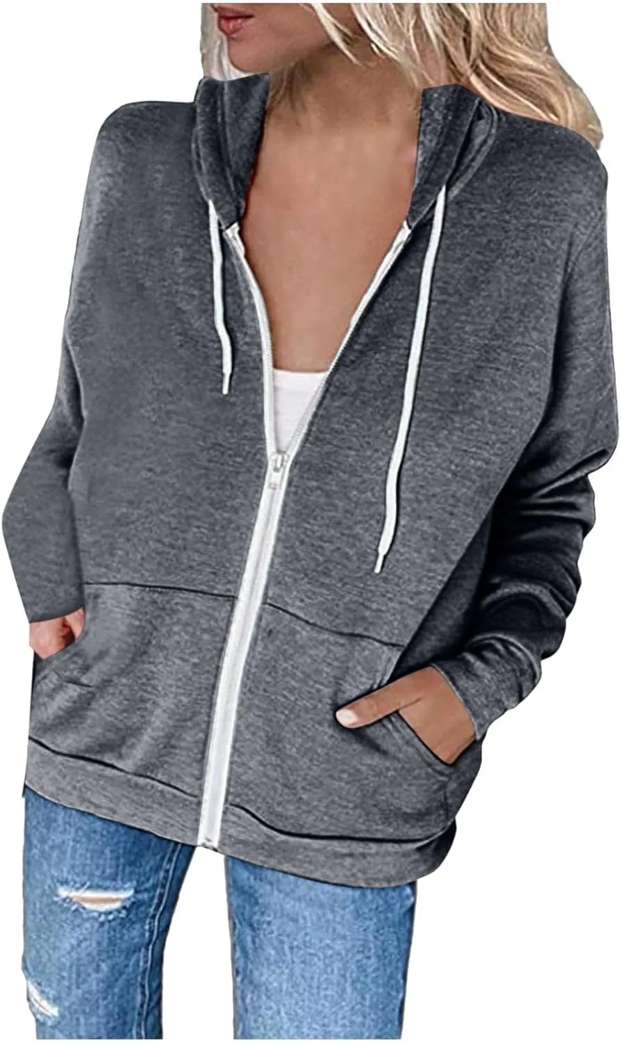 Women's Loose Zip Up Hoodie Oversized Long Sleeve Solid Drawstring Hooded Sweatshirt Jackets Y2K Casual Outwear