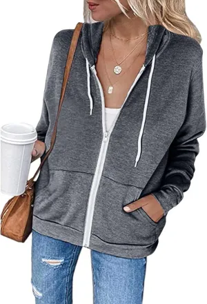 Women's Loose Zip Up Hoodie Oversized Long Sleeve Solid Drawstring Hooded Sweatshirt Jackets Y2K Casual Outwear