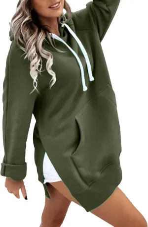 Womens Oversized Hoodie Dress Casual Solid Color Sweater Split Long Sleeves Pullover Fleece Soft Sweatshirts with Pocket