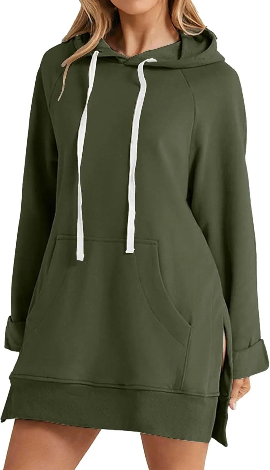 Womens Oversized Hoodie Dress Casual Solid Color Sweater Split Long Sleeves Pullover Fleece Soft Sweatshirts with Pocket