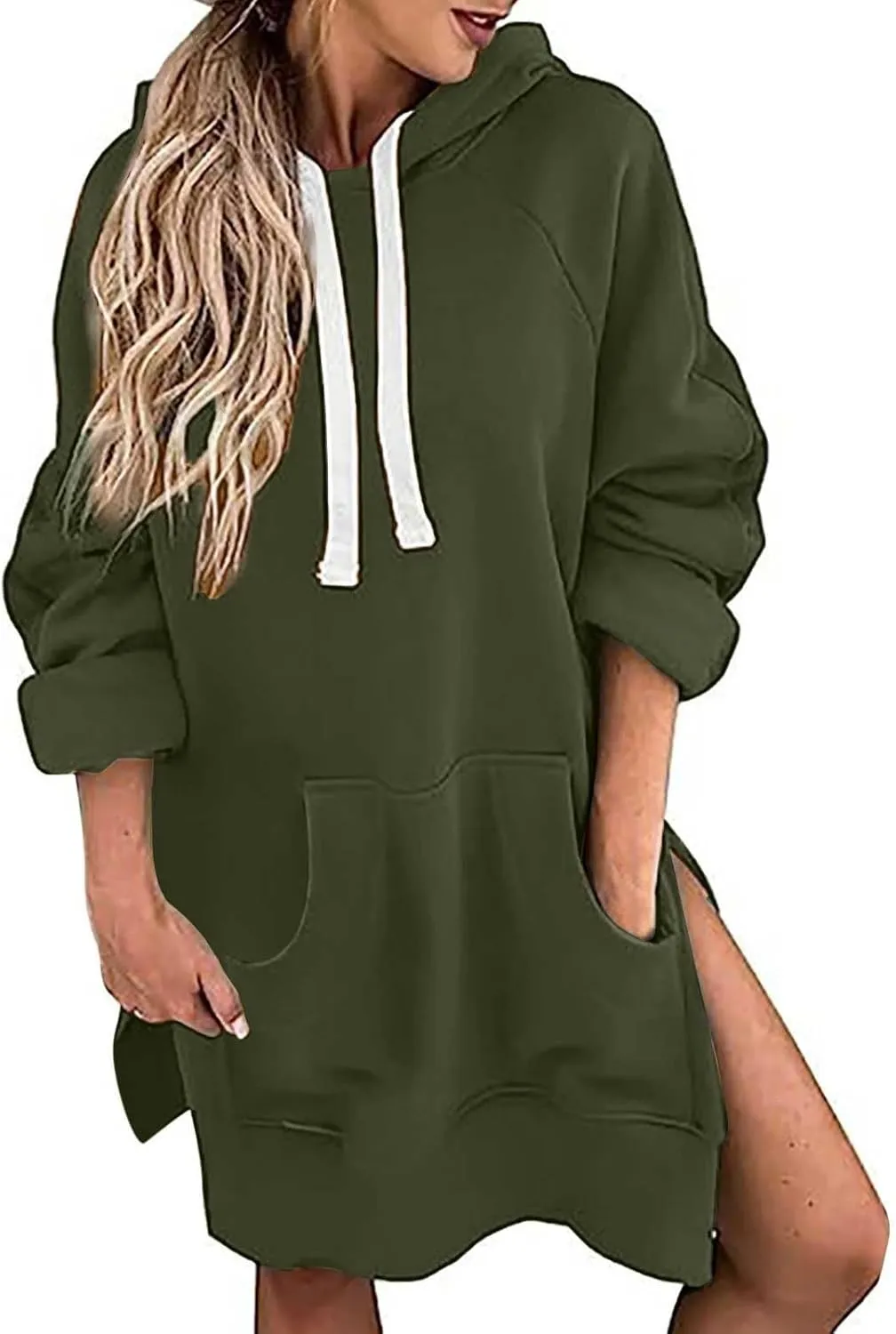 Womens Oversized Hoodie Dress Casual Solid Color Sweater Split Long Sleeves Pullover Fleece Soft Sweatshirts with Pocket