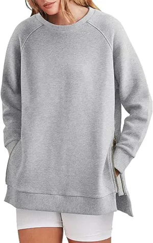 Womens Oversized Sweatshirt Crewneck Long Sleeve Tunic Pollover Side Zipper Hoodie Sweater 2024 Fall Clothes