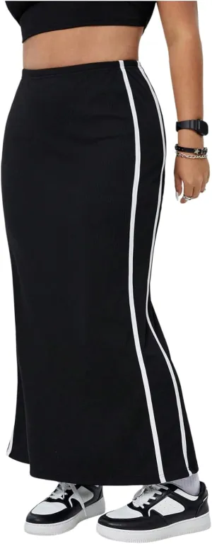 Women's Plus Size Side Stripe Long Skirt High Waisted Skinny Fishtail Skirts