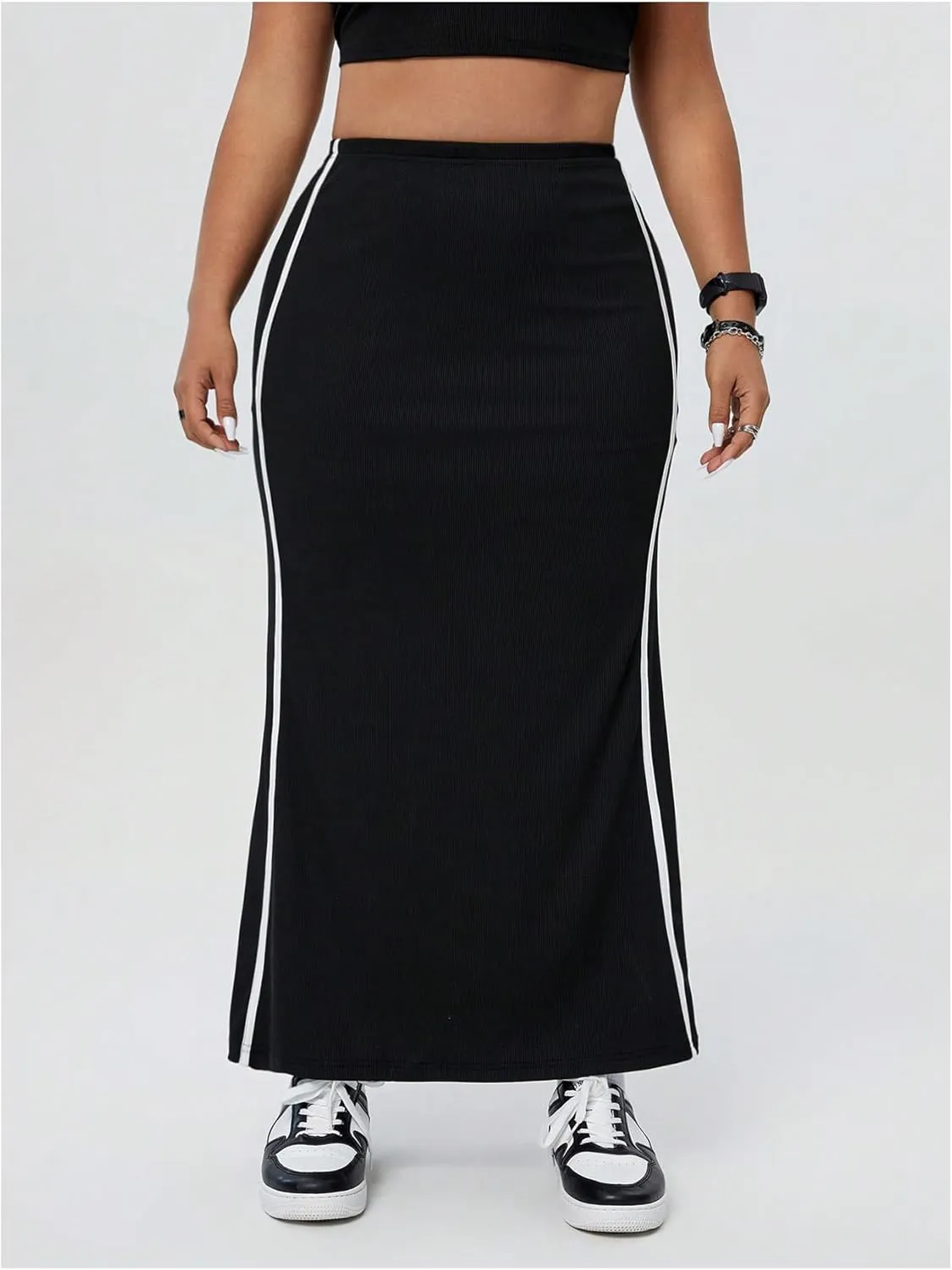 Women's Plus Size Side Stripe Long Skirt High Waisted Skinny Fishtail Skirts