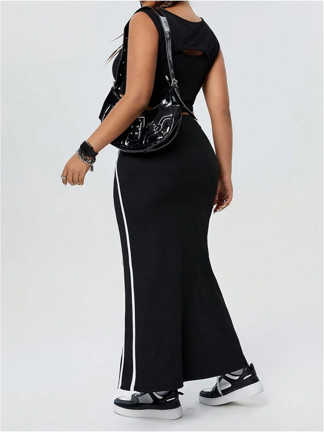 Women's Plus Size Side Stripe Long Skirt High Waisted Skinny Fishtail Skirts