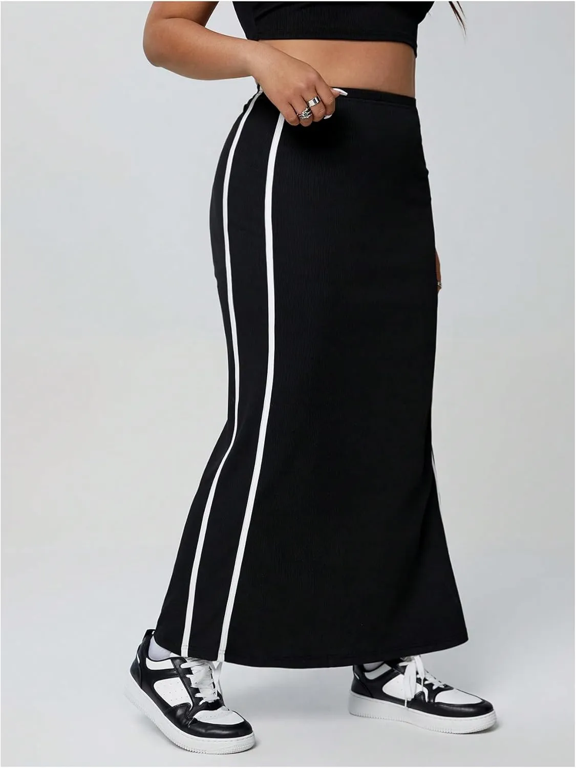 Women's Plus Size Side Stripe Long Skirt High Waisted Skinny Fishtail Skirts