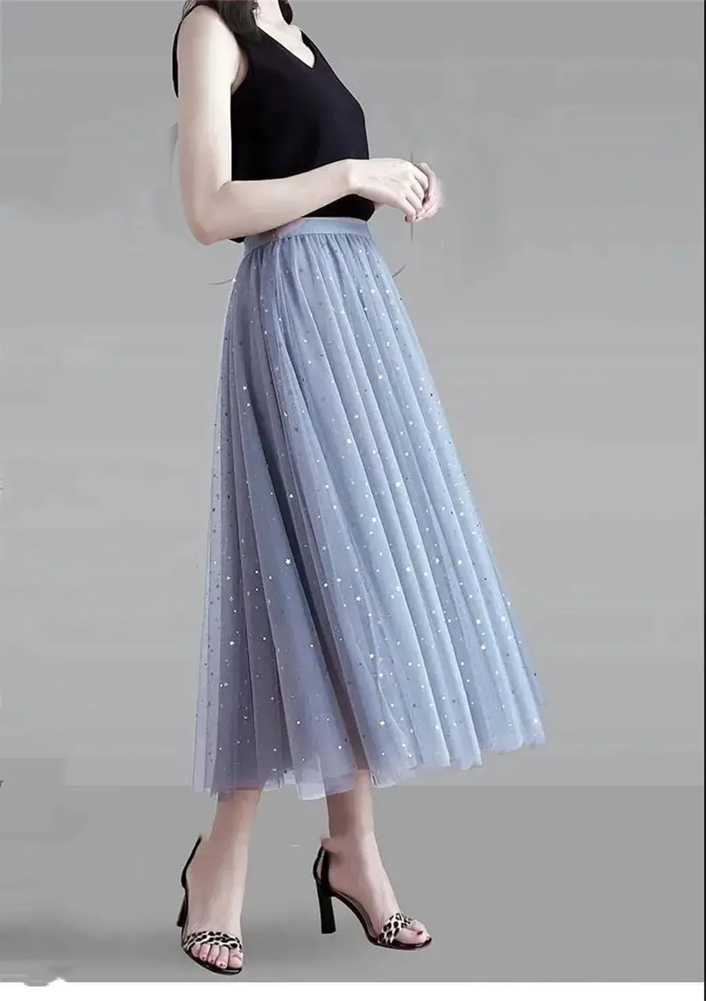 Women's Skirts Loose A-Line High Waist Sequins Mesh Party Casual Midi Skirt