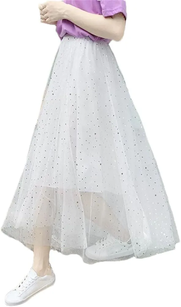 Women's Skirts Loose A-Line High Waist Sequins Mesh Party Casual Midi Skirt