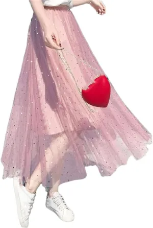 Women's Skirts Loose A-Line High Waist Sequins Mesh Party Casual Midi Skirt