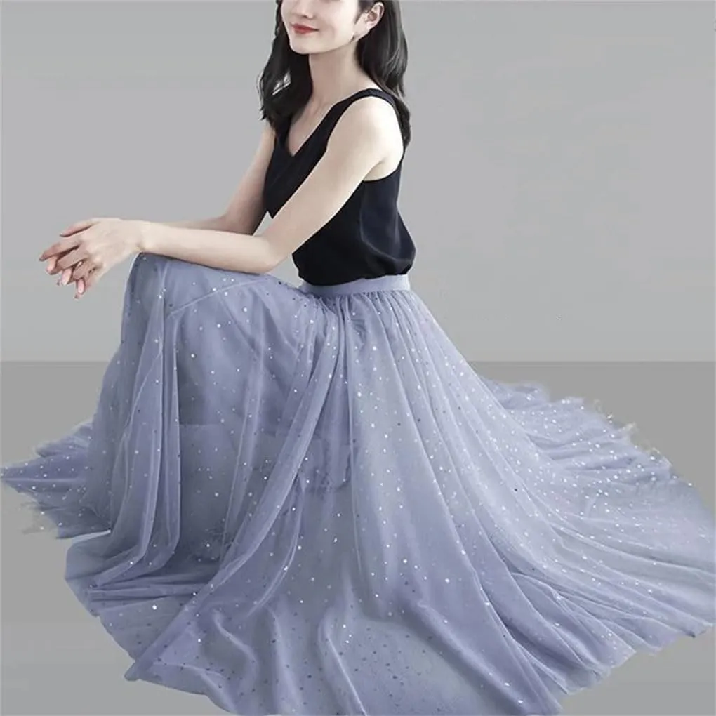 Women's Skirts Loose A-Line High Waist Sequins Mesh Party Casual Midi Skirt