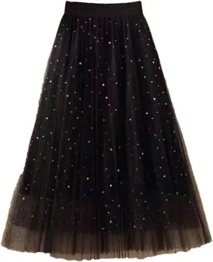 Women's Skirts Loose A-Line High Waist Sequins Mesh Party Casual Midi Skirt