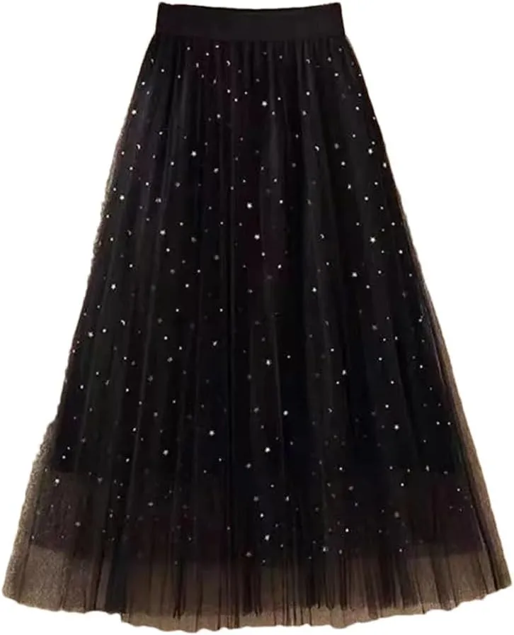 Women's Skirts Loose A-Line High Waist Sequins Mesh Party Casual Midi Skirt