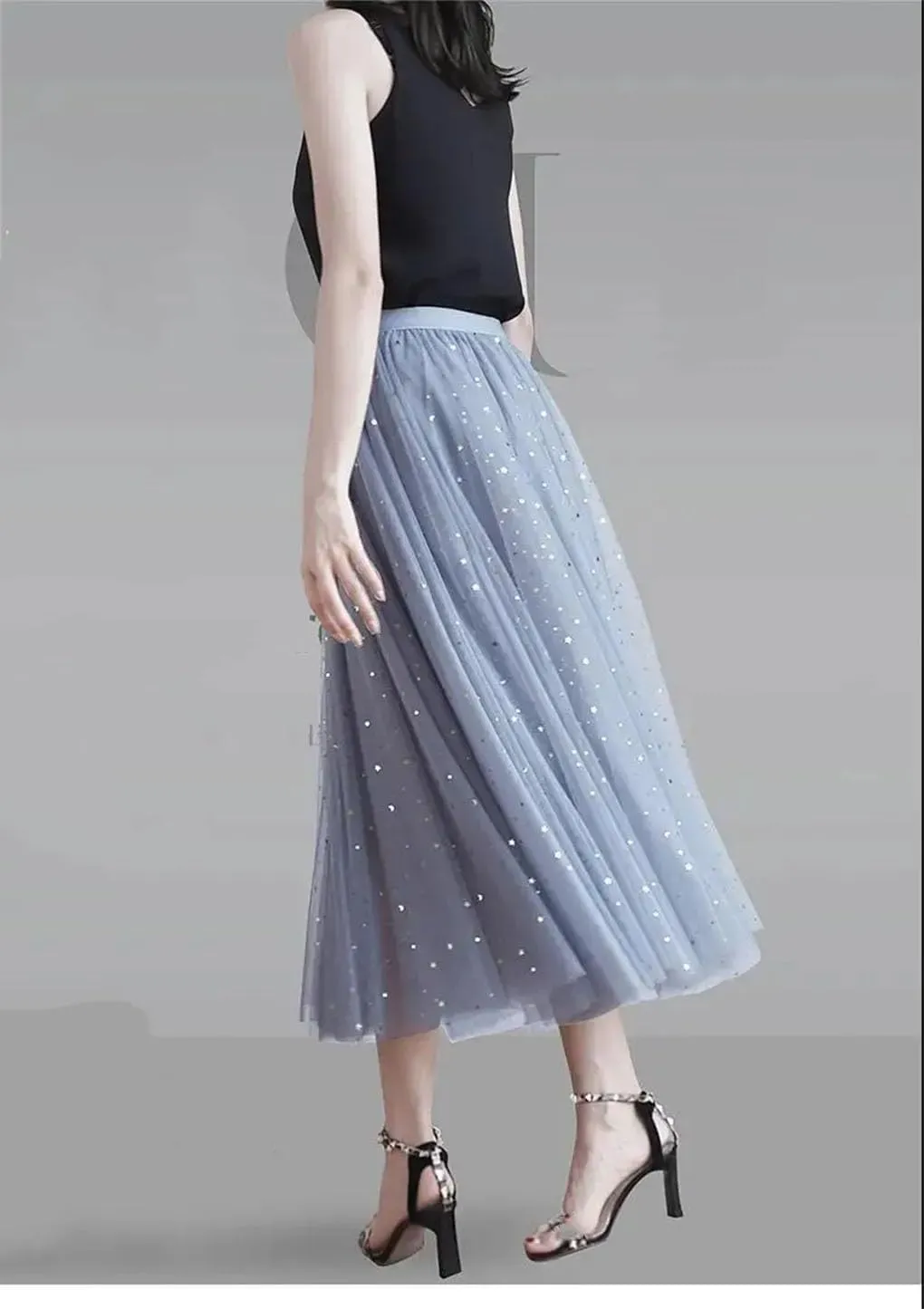 Women's Skirts Loose A-Line High Waist Sequins Mesh Party Casual Midi Skirt