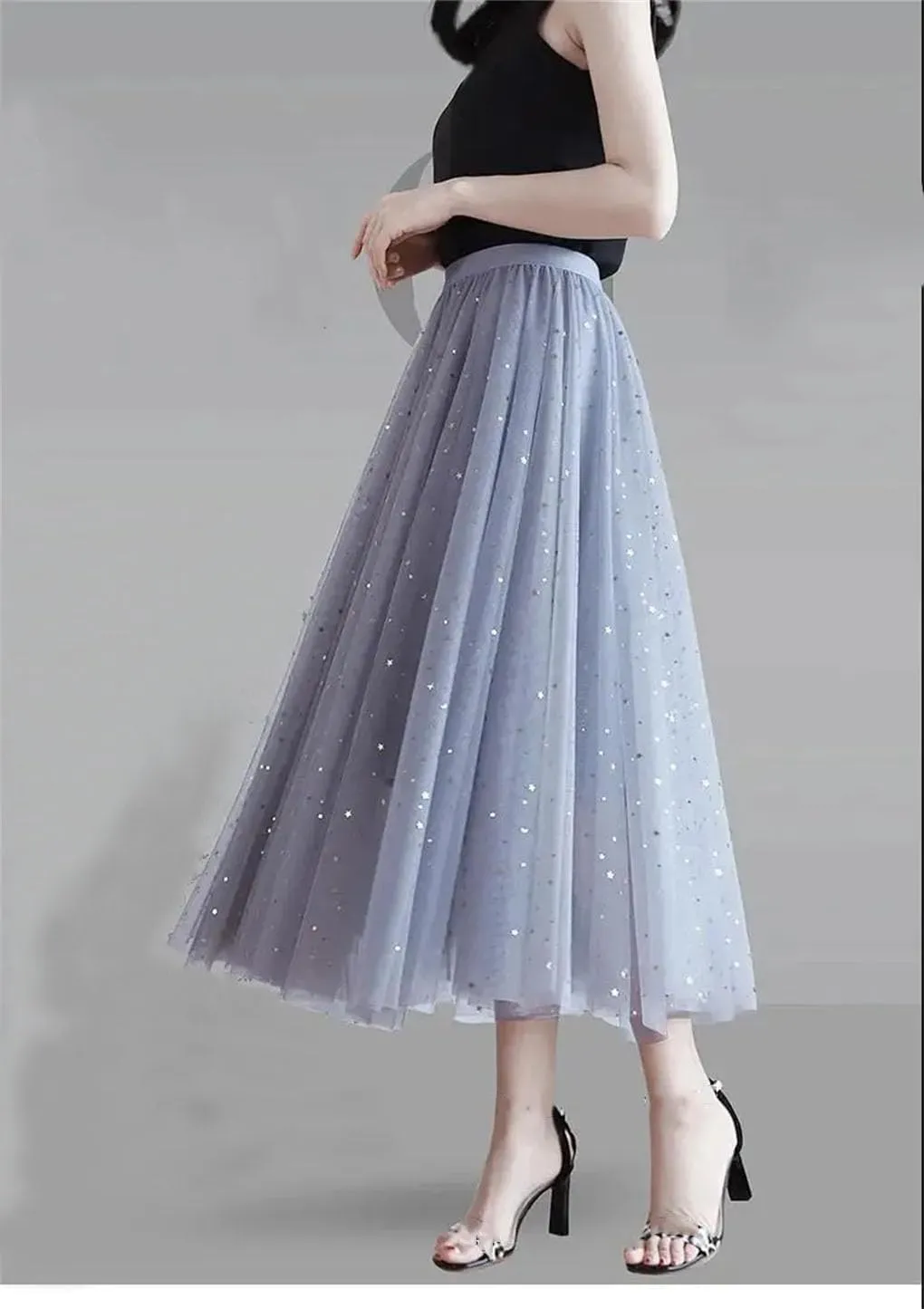 Women's Skirts Loose A-Line High Waist Sequins Mesh Party Casual Midi Skirt
