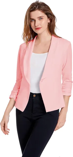 Women's Soft Stretchy Lightweight Cardigan Blazer One Button 3/4 Ruched Sleeve Business Casual Blazer Jackets