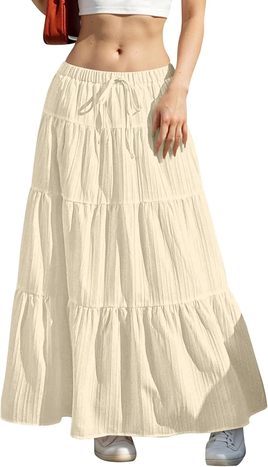Womens Summer Boho Flowy Swing Tiered A-Line Maxi Skirt 2025 Fashion Trendy Elastic Waist Pleated Long Beach Dress