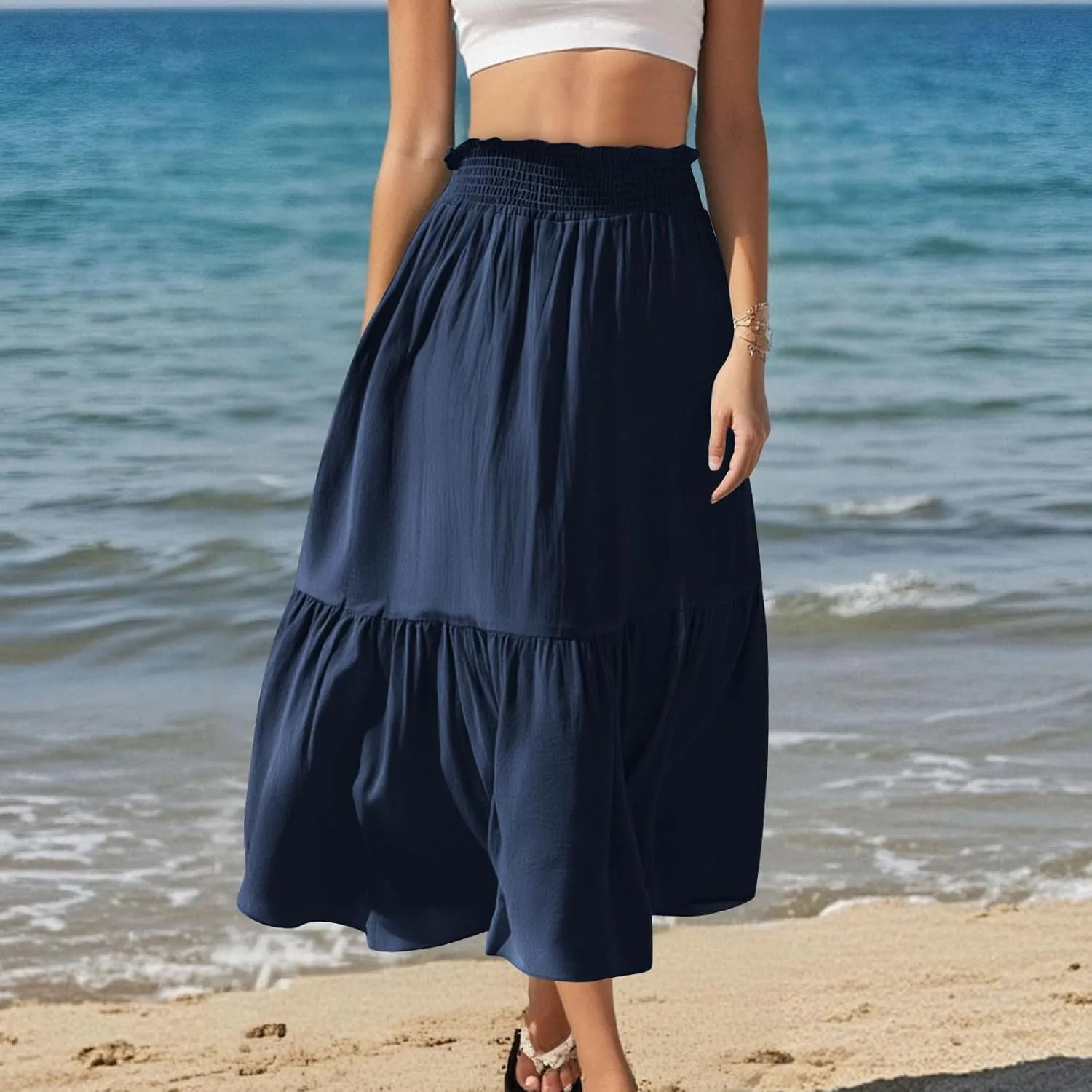 Womens Summer Boho Flowy Swing Tiered A-Line Maxi Skirt 2025 Fashion Trendy Elastic Waist Pleated Long Beach Dress