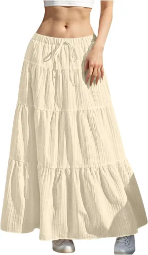 Womens Summer Boho Flowy Swing Tiered A-Line Maxi Skirt 2025 Fashion Trendy Elastic Waist Pleated Long Beach Dress