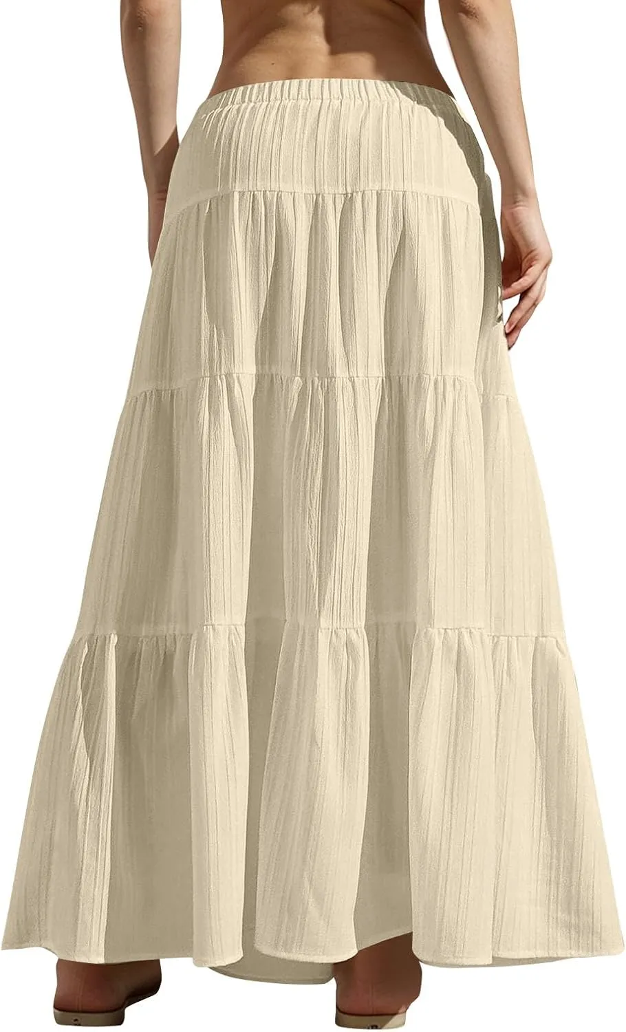 Womens Summer Boho Flowy Swing Tiered A-Line Maxi Skirt 2025 Fashion Trendy Elastic Waist Pleated Long Beach Dress