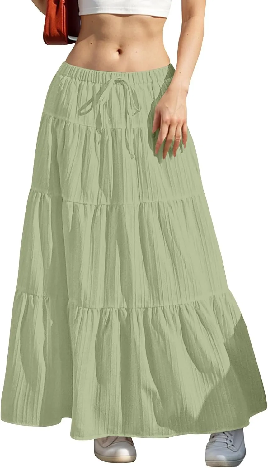 Womens Summer Boho Flowy Swing Tiered A-Line Maxi Skirt 2025 Fashion Trendy Elastic Waist Pleated Long Beach Dress