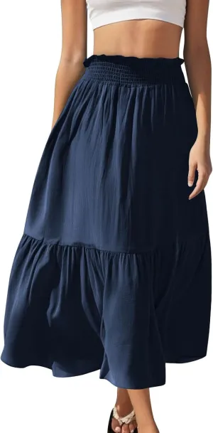Womens Summer Boho Flowy Swing Tiered A-Line Maxi Skirt 2025 Fashion Trendy Elastic Waist Pleated Long Beach Dress